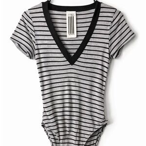 Free People Gray Black Striped V-Neck Bodysuit XS Stretchy Fitted Top
